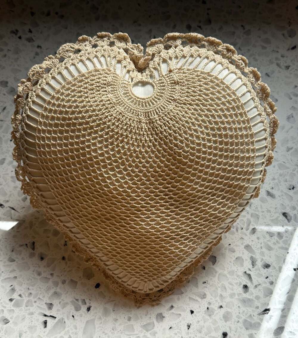 Vintage Handmade Crochet Heart Shaped Pillow Tan knit 15”